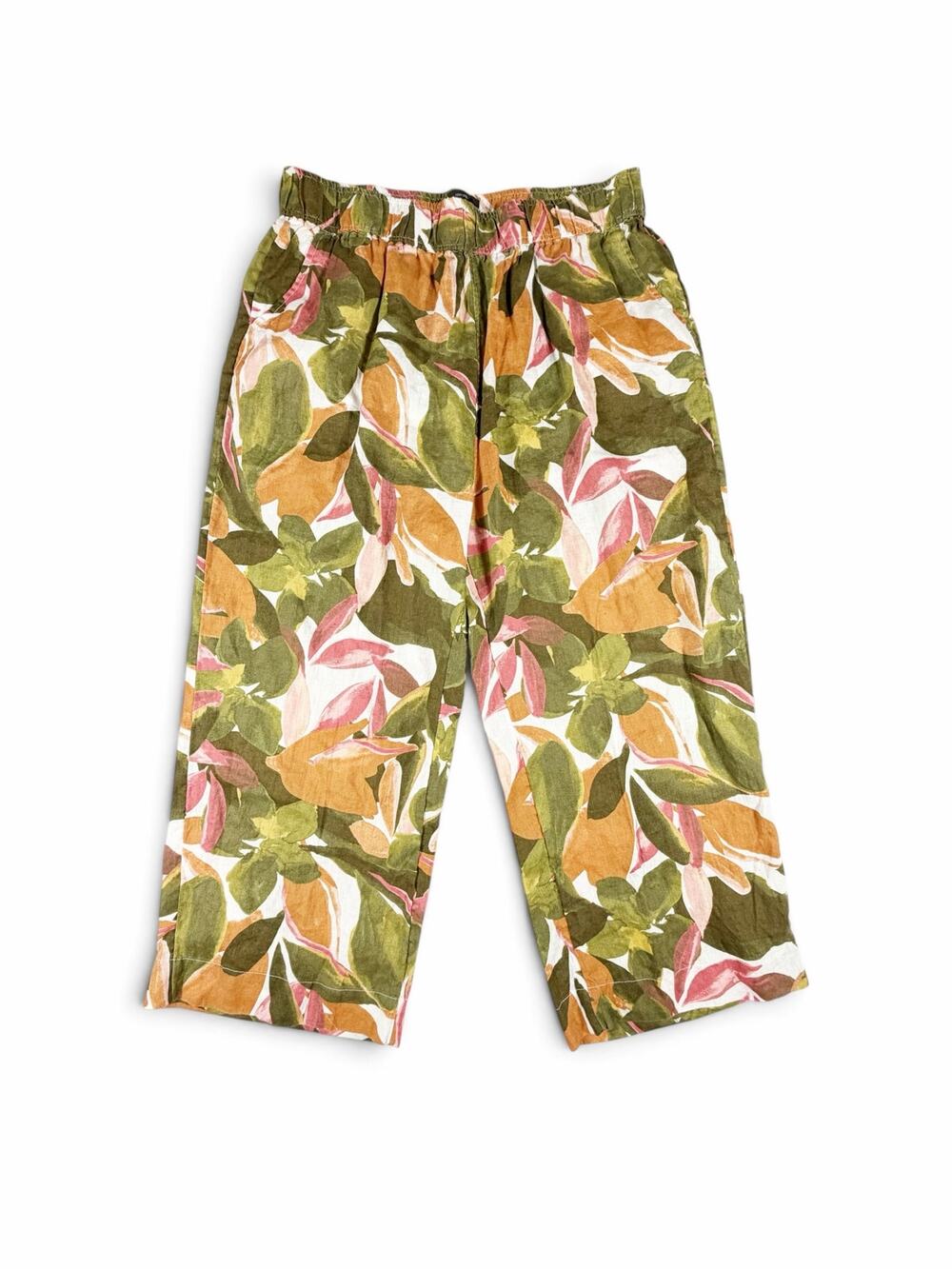 Tahari Floral Linen Wide Leg Cropped Pants Green Orange Pink 1X